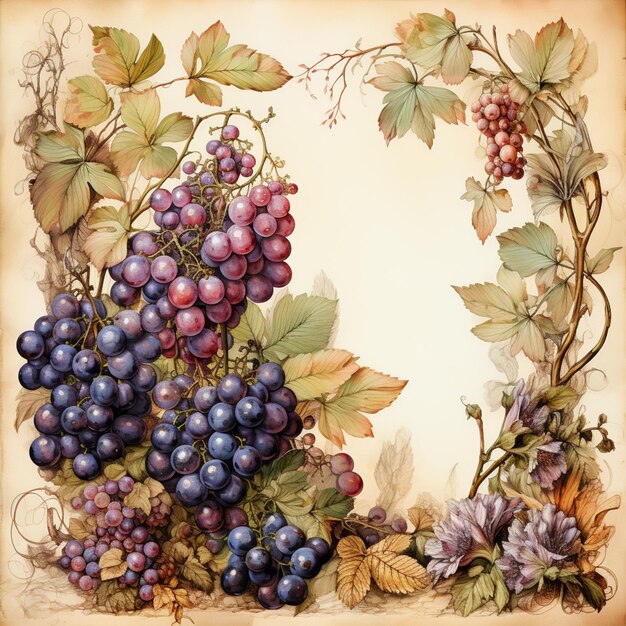 Há uma pintura de uvas e folhas numa mesa generativa ai