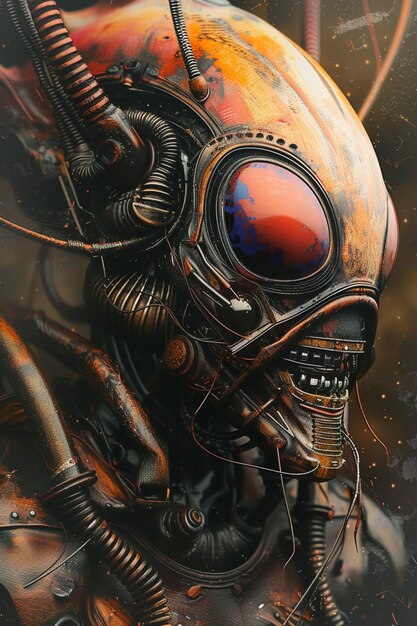 Há uma pintura digital de um alienígena de aparência estranha com um olho vermelho.