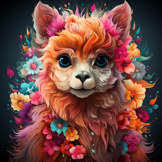 Há uma pintura digital de um gato com flores nele.