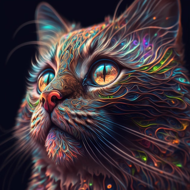 Há uma pintura digital de um gato com um rosto colorido generativo ai