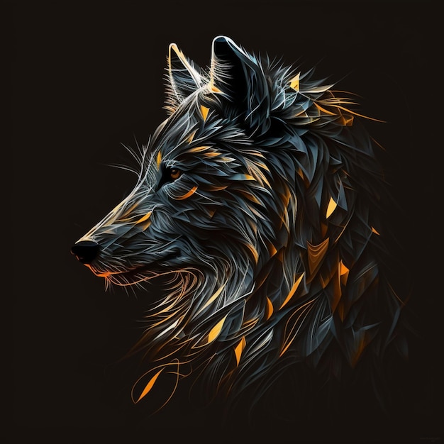 Há uma pintura digital de um lobo com um fundo preto.