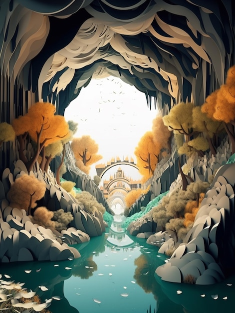 Há uma pintura digital de um rio em uma caverna generativa ai