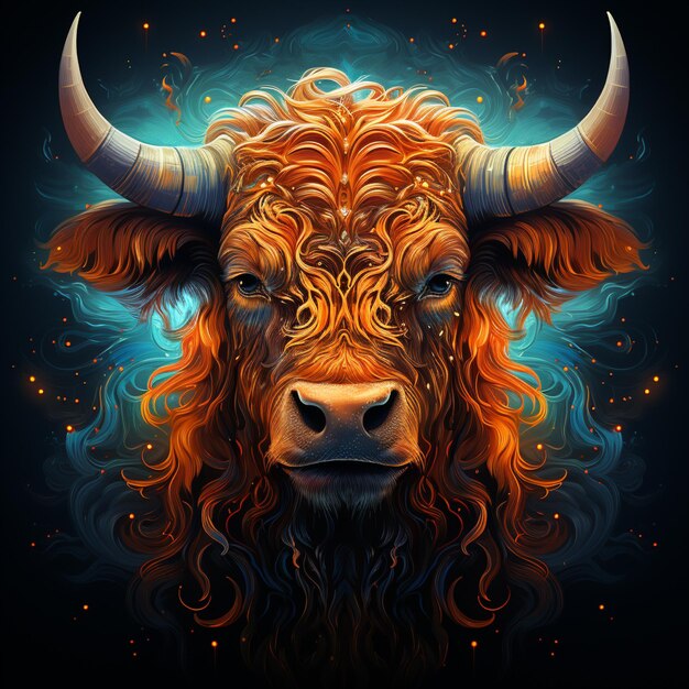 há uma pintura digital de um touro com cabelo comprido generativo ai