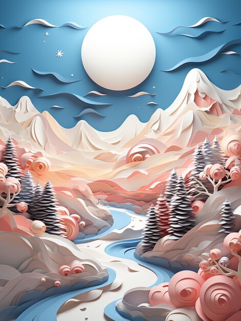 Há uma pintura digital de uma paisagem de montanha com um rio generativo ai