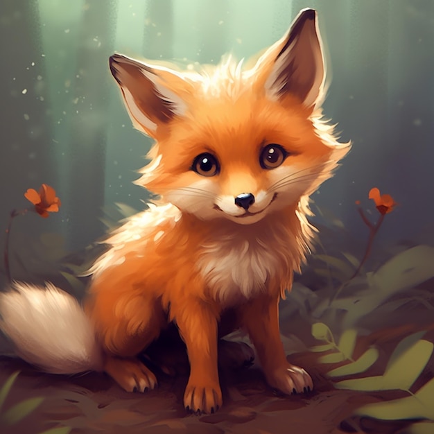 há uma pintura digital de uma raposa sentada na floresta generativa ai