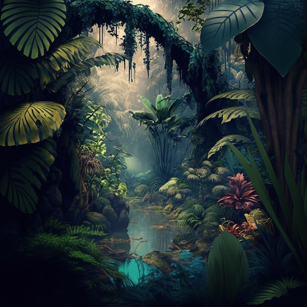 Há uma pintura digital de uma selva com um riacho generativo ai