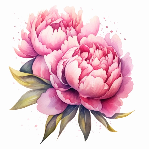 Há uma pintura em aquarela de duas flores cor de rosa em um fundo branco generativo ai