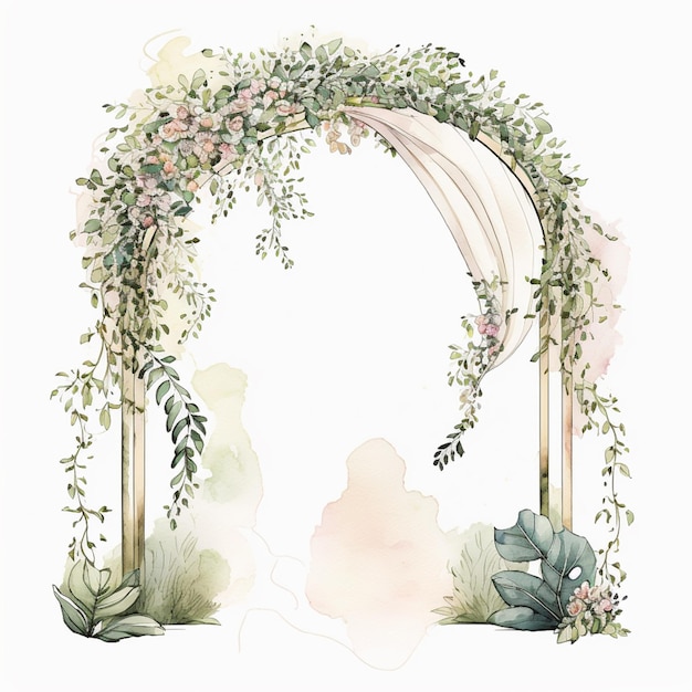 Há uma pintura em aquarela de um arco de casamento com flores generativas ai