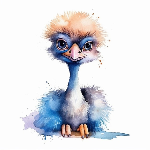 Há uma pintura em aquarela de um avestruz com um rosto azul generativo ai