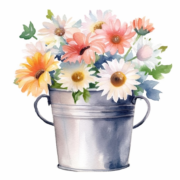 há uma pintura em aquarela de um balde de flores ai generativa