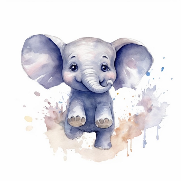 Há uma pintura em aquarela de um bebê elefante com uma grande presa generativa ai