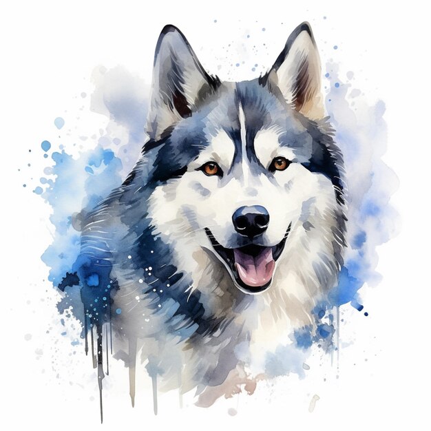 há uma pintura em aquarela de um cachorro husky com um sorriso generativo ai