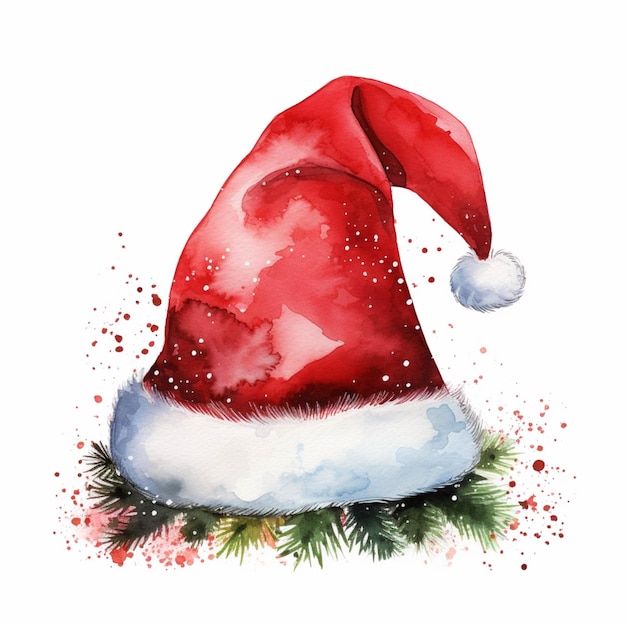 Há uma pintura em aquarela de um chapéu de Papai Noel em um fundo branco generativo ai