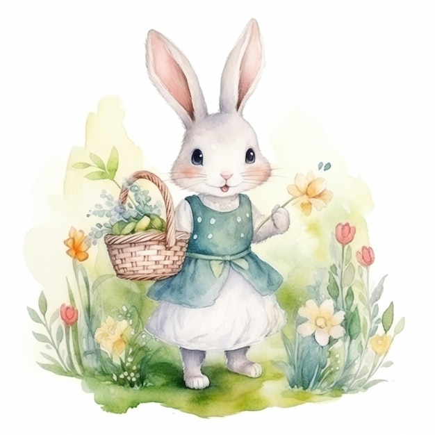 Há uma pintura em aquarela de um coelho com uma cesta de flores generativa ai