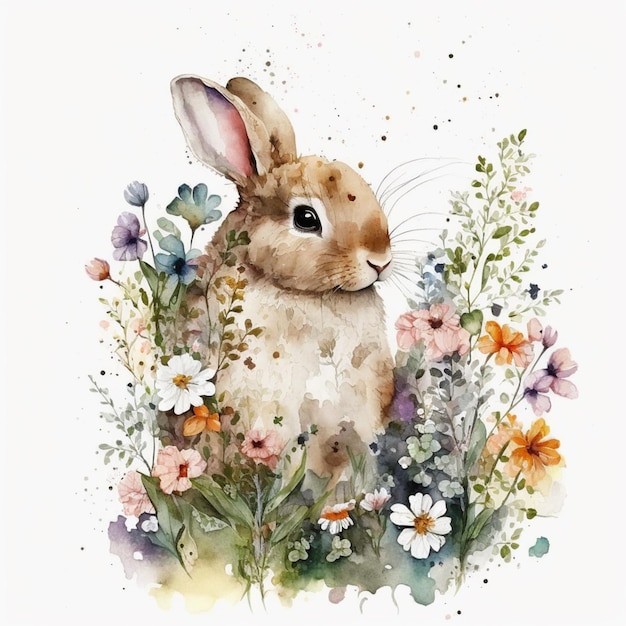 Há uma pintura em aquarela de um coelho em um campo de flores generativo ai