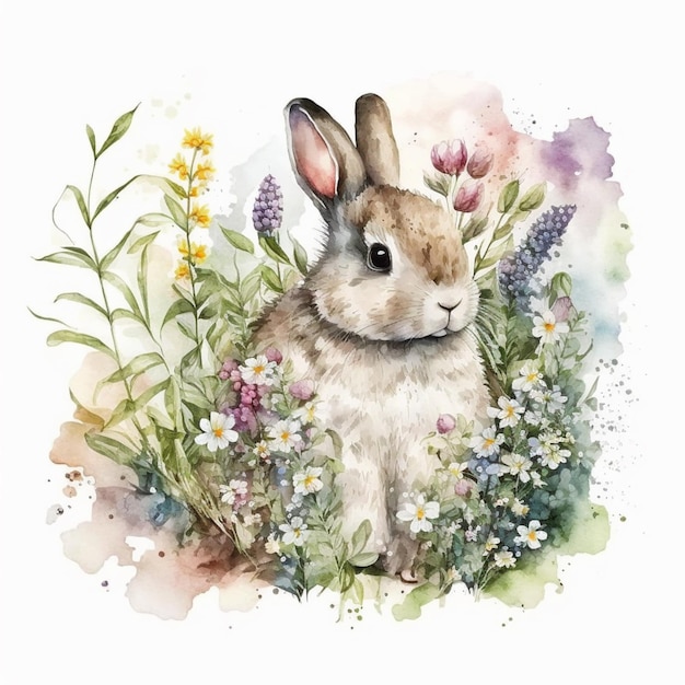 Há uma pintura em aquarela de um coelho na grama generativa ai