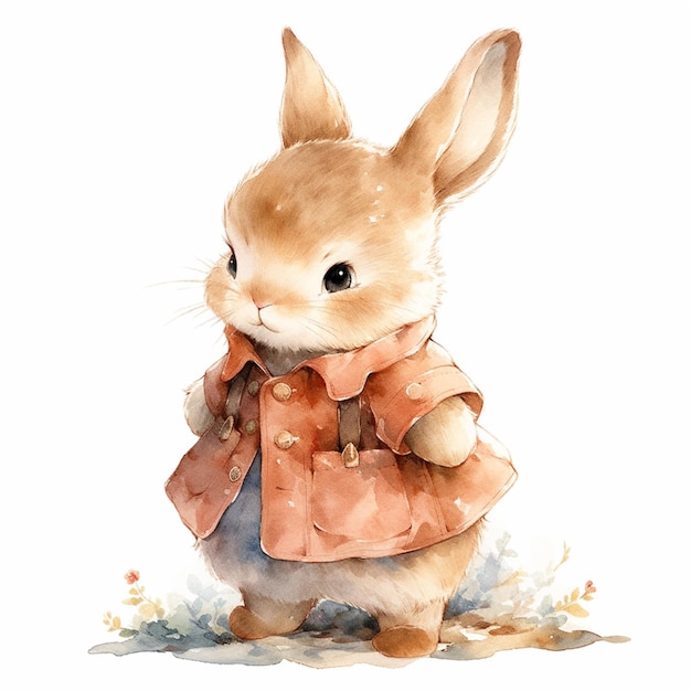 há uma pintura em aquarela de um coelho vestido com um casaco generativo ai