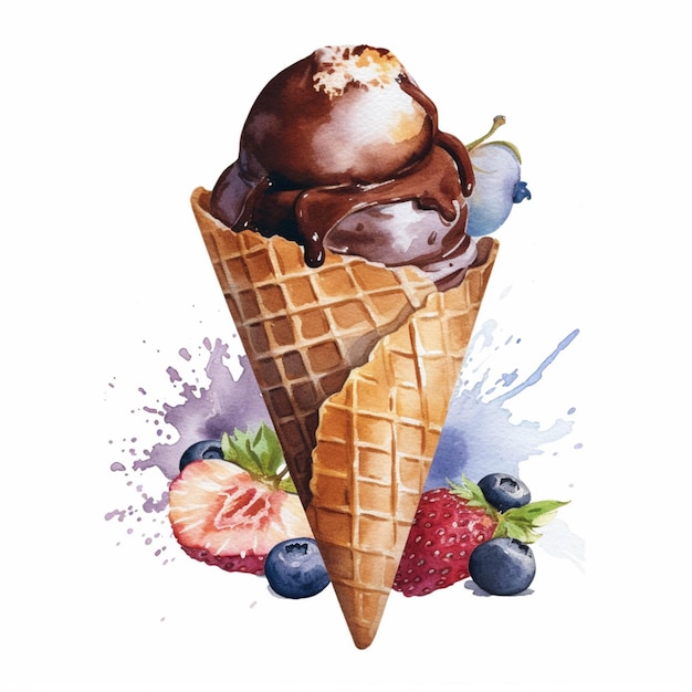 Há uma pintura em aquarela de um cone de sorvete e frutas generativas ai