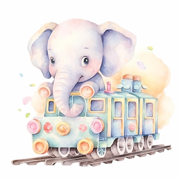 há uma pintura em aquarela de um elefante andando de trem ai generativa