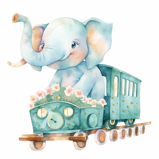 há uma pintura em aquarela de um elefante andando de trem ai generativa