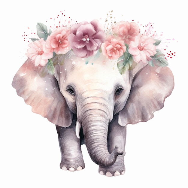 Há uma pintura em aquarela de um elefante com flores na cabeça generativa ai