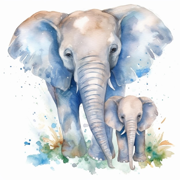 Há uma pintura em aquarela de um elefante e seu bebê generativo ai