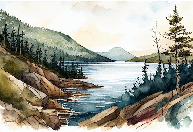 há uma pintura em aquarela de um lago e montanhas generativas ai