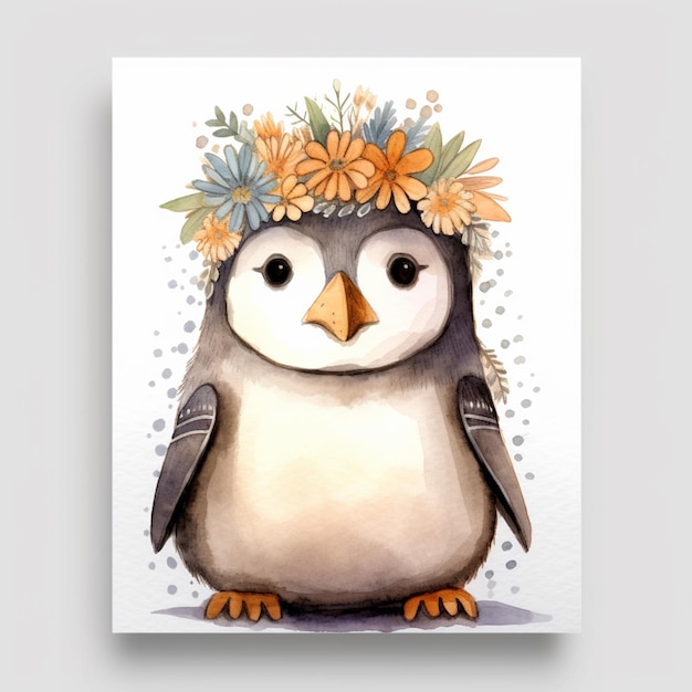Há uma pintura em aquarela de um pinguim usando uma coroa de flores generativa ai