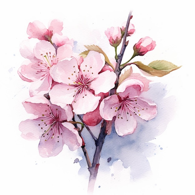 há uma pintura em aquarela de um ramo de flores de cerejeira generativa ai