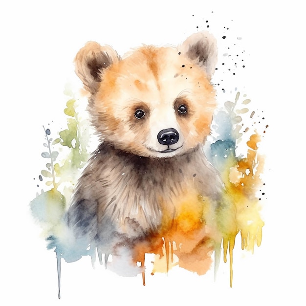 Há uma pintura em aquarela de um urso com um fundo branco generativo ai