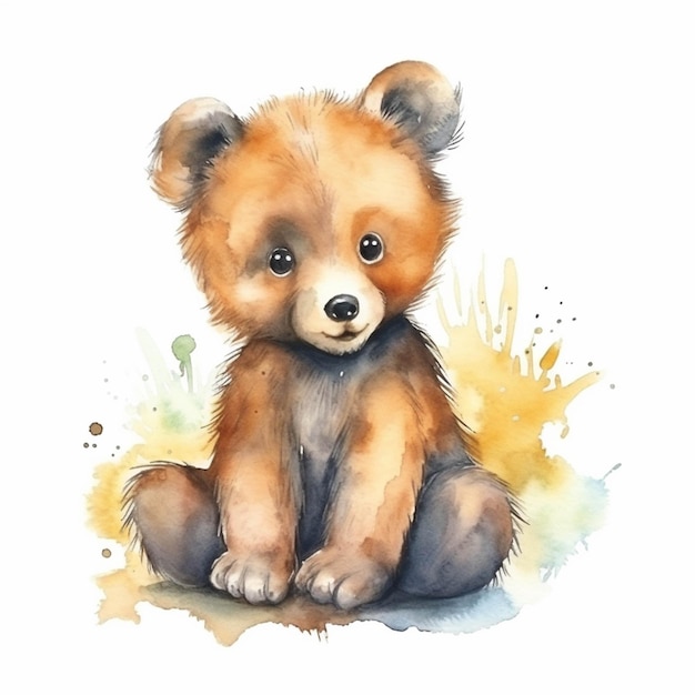 Há uma pintura em aquarela de um urso pardo sentado generativo ai