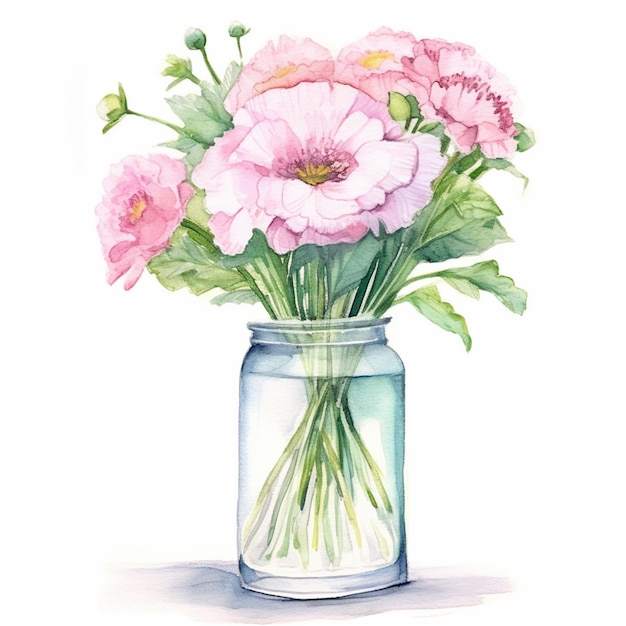 há uma pintura em aquarela de um vaso com flores rosa generativas ai