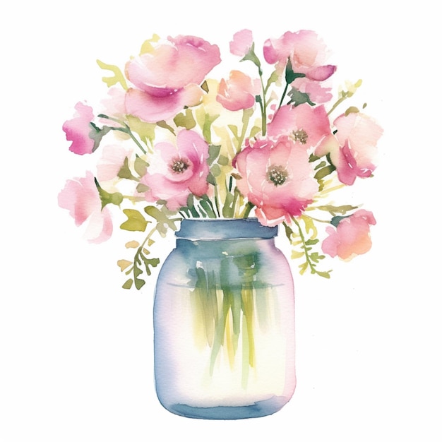 há uma pintura em aquarela de um vaso com flores rosa generativas ai