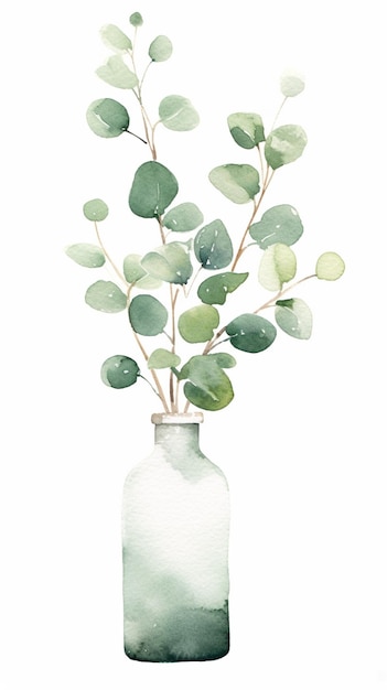 Há uma pintura em aquarela de um vaso com uma planta generativa ai