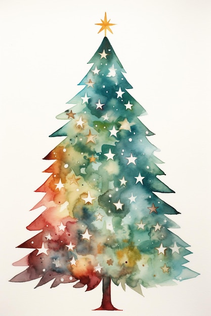 Foto há uma pintura em aquarela de uma árvore de natal com estrelas generativas ai