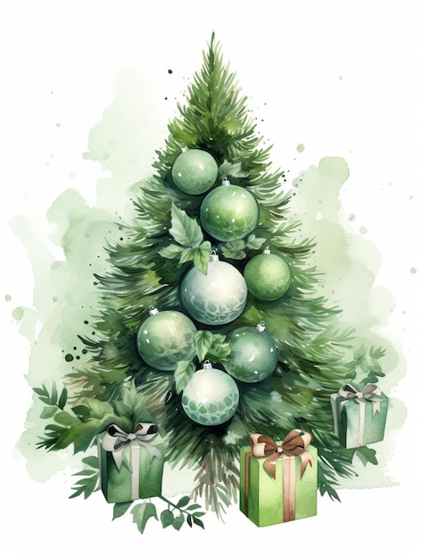 há uma pintura em aquarela de uma árvore de natal com presentes generativos ai