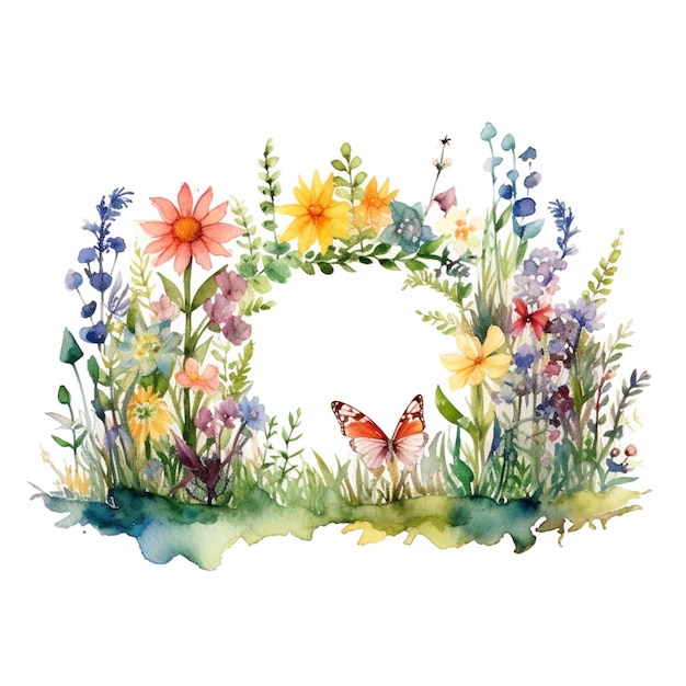 Há uma pintura em aquarela de uma coroa de flores e borboletas generativas ai