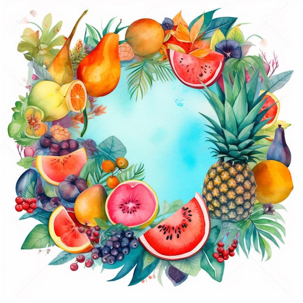 Há uma pintura em aquarela de uma coroa de frutas generativa ai
