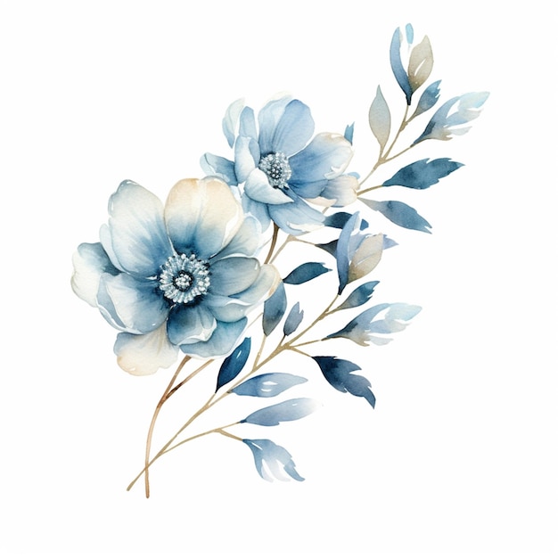 Há uma pintura em aquarela de uma flor azul em um fundo branco generativo ai