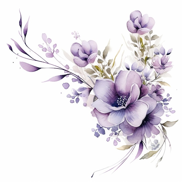 Há uma pintura em aquarela de uma flor roxa em um fundo branco generativo ai