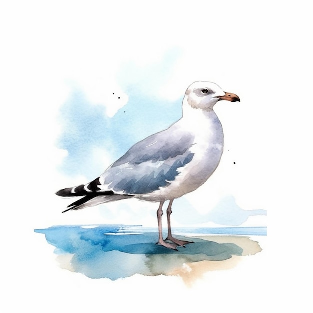 há uma pintura em aquarela de uma gaivota parada na praia gerativa ai