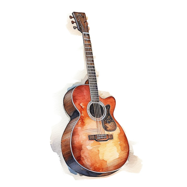 Há uma pintura em aquarela de uma guitarra em um fundo branco generativo ai