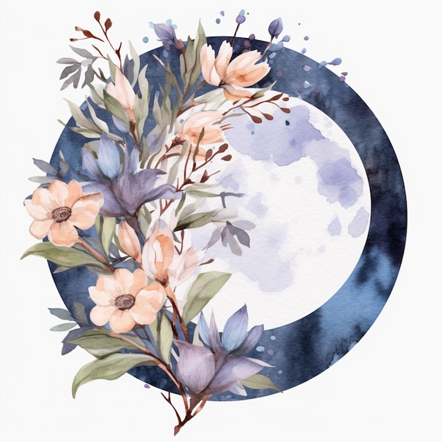 Há uma pintura em aquarela de uma lua com flores generativas ai