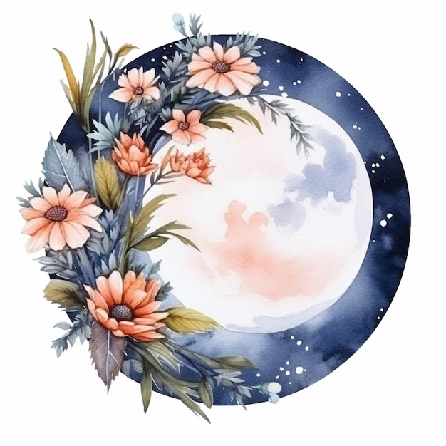 Há uma pintura em aquarela de uma lua com flores generativas ai