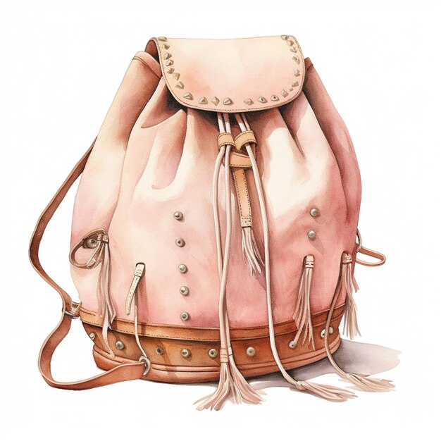 Há uma pintura em aquarela de uma mochila rosa com franjas generativas ai