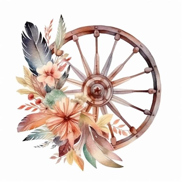 Há uma pintura em aquarela de uma roda de carroça com flores generativas ai