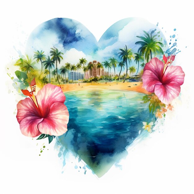 Há uma pintura em forma de coração de uma praia tropical com flores de hibis.