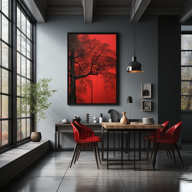 há uma pintura vermelha pendurada na parede acima de uma mesa generativa ai