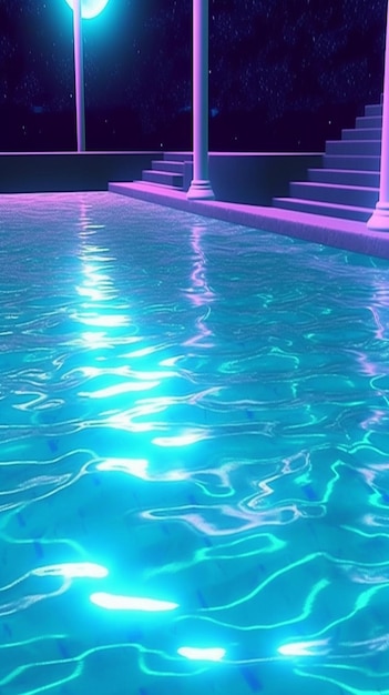 Há uma piscina com uma luz azul no meio dela.