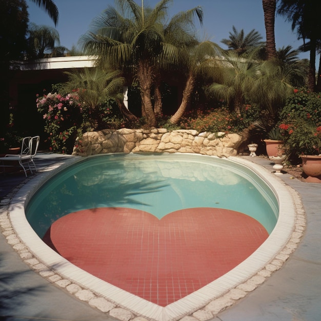 há uma piscina em forma de coração no meio de um jardim generativ ai